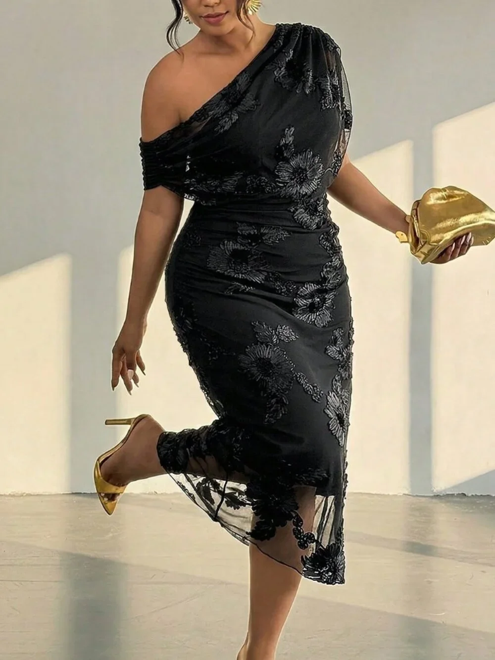 Black Elegant Women's Plain Asymmetrical Bodycon Evening Dress